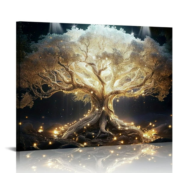 Gold Tree of Life White Light Canvas Art Print, Wooden Framed Wall Decor for Living Room, Bedroom, Office, Single Party, Unique Christmas Gift