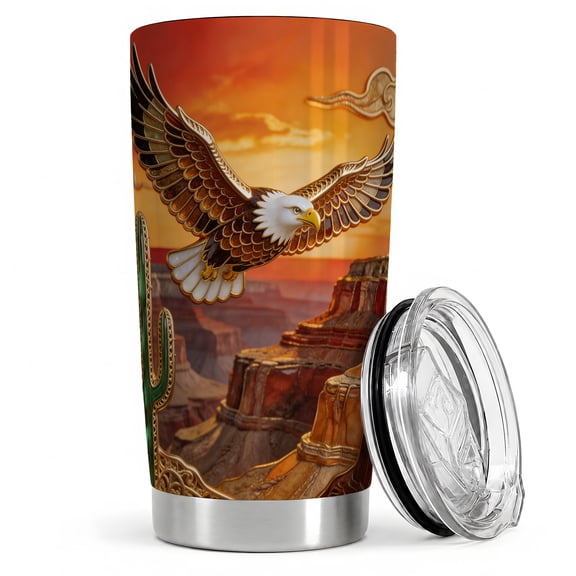Gold Trim Bald Eagle Flight 20oz Tumbler, Bald Eagle Tumbler, For Daily Drinks And Travel, Close Wing Bird Above Red Canyon Cliffs, Cactus Desert Scene, Southwest Wildlife Fans