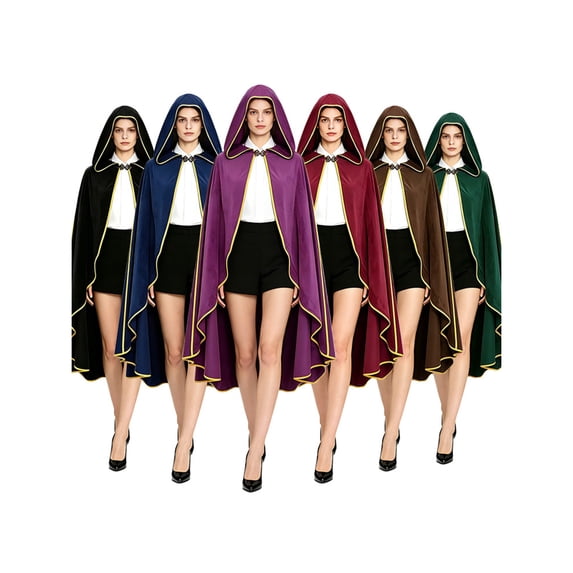 Gold Trim Velvet Hooded Cape, Gold Trim Velvet Long Hooded Cape Cloak, Full Length Wizard Witch Robe for Halloween Medieval Cosplay, 6 Color Luxury Velvet Costume Cape, Black One Size