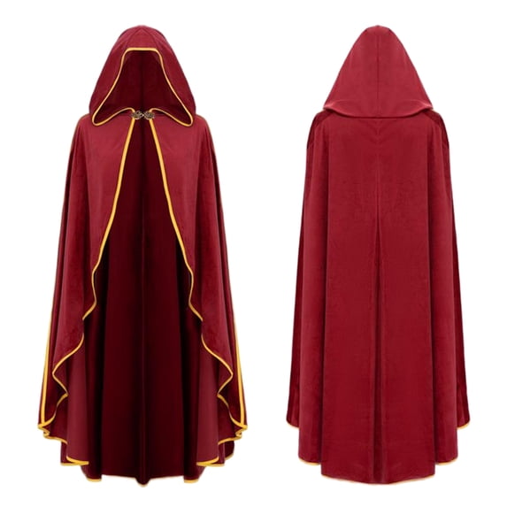 Gold Trim Velvet Hooded Cape, Gold Trim Velvet Long Hooded Cape Cloak, Full Length Wizard Witch Robe for Halloween Medieval Cosplay, 6 Color Luxury Velvet Costume Cape, Red One Size
