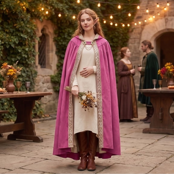 Gold Trimmed Hooded Cloak for Women, Medieval Lace-Up Cape with Chain Clasp 1-Piece Halloween Costume Outerwear Hot Pink One Size