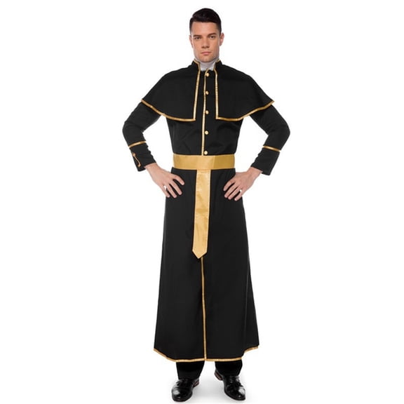 Gold-Trimmed Priest Robe for Women & Men, Halloween Long Cassock with Mock Collar & Satin Sash — Unisex Adult Clergy Costume for Cosplay & Party Black M