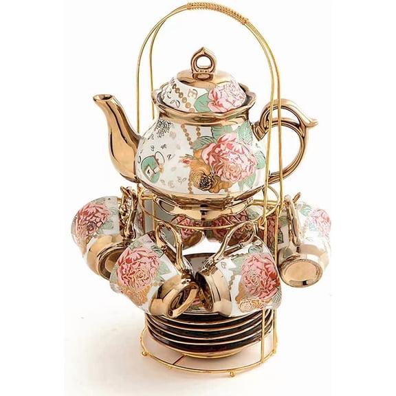 Gold Trimmed Red Rose Ceramic Tea Set for 6 People, 500 ml Teapot, Large, Golden