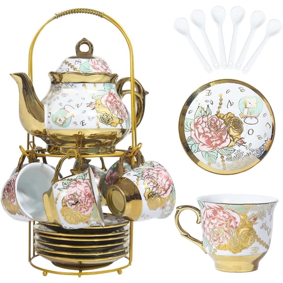 Gold-Trimmed Red Rose Ceramic Tea Set for 6 People, 500 ml Teapot, Medium Size