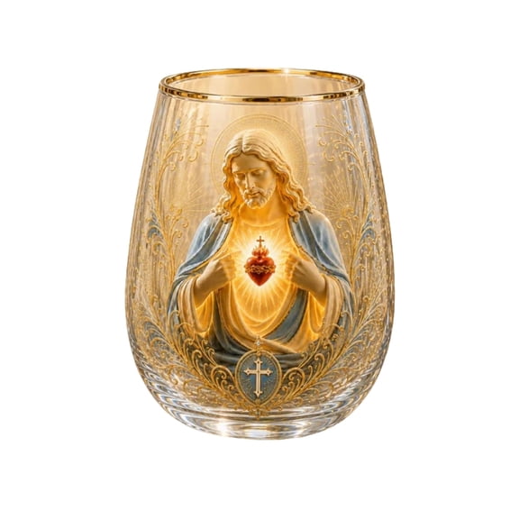 Gold Trimmed Sacred Heart Portrait Stemless Cup 2D Embossed Pattern Clear Glass Tumbler Religious Decorative Drinking Vessel for Home Bar Religious Holiday Table Decoration