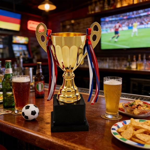 Gold Trophy Cup with Ribbon, Metal Award Trophy for Sports Competitions, Basketball, Football, Tournaments