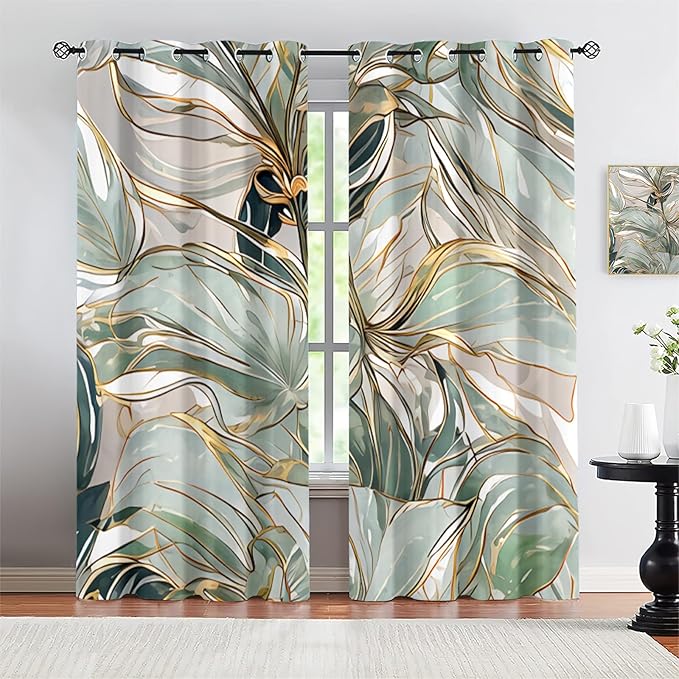 Gold Tropical Leaves Blackout Window Curtain, Tropical Palm Leaves 3D ...