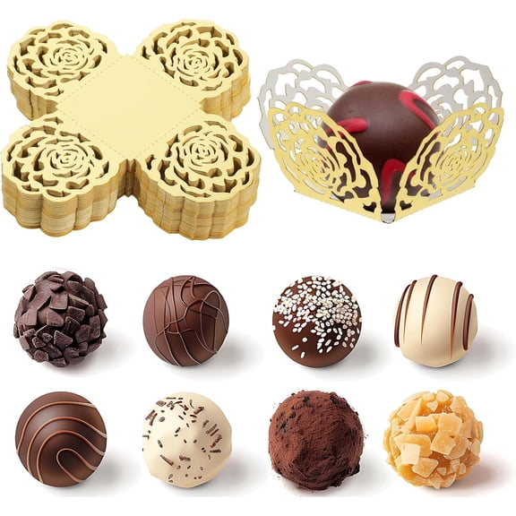 Gold Truffle Wrappers 50PCS Small Flared Paper Chocolate Packing Paper Candy Liners Mini Square Hollow Flower Candy Packing Separating Trays for Wedding Birthdays Baby Showers Party Favors