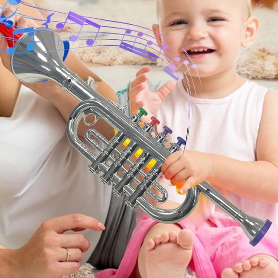 Gold Trumpet Musical Instruments Toy for Kid Toddler Fake Plastic Preschool Music Toy Gift Non-Professional Wind Instrument Early Educational Teaching Songs Gifts for Toddlers Children