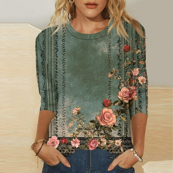 Gold Tshirts for Women 3/4 Length Sleeve Womens Tops Casual Round Neck Cute Tops Fashion Loose Fit T Shirts Ladies Tops and Blouses Womens 3/4 Sleeve Tops