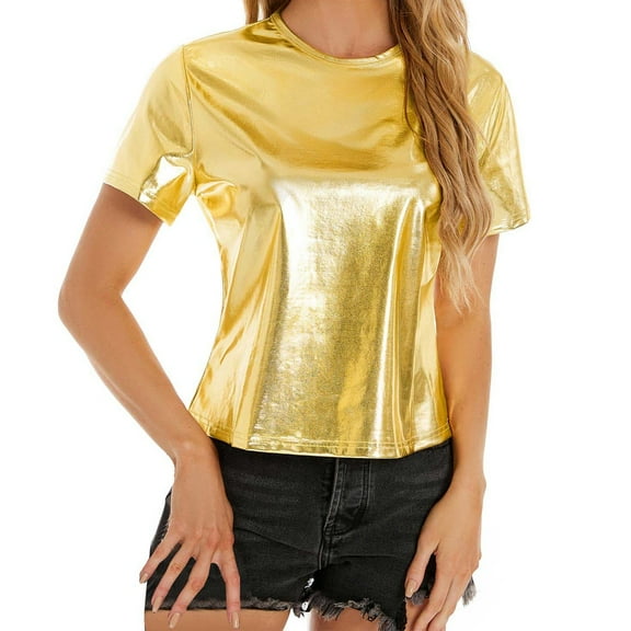 Gold Tshirts for Women's Spring Summer Metallic Glossy Round Neck Loose Casual T Shirt Womens Short Sleeve Tops