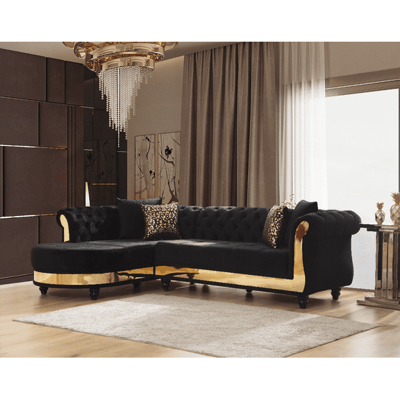 Gold Tufted Upholstered Sectional Sofa with Black Wood Legs | Walmart US
