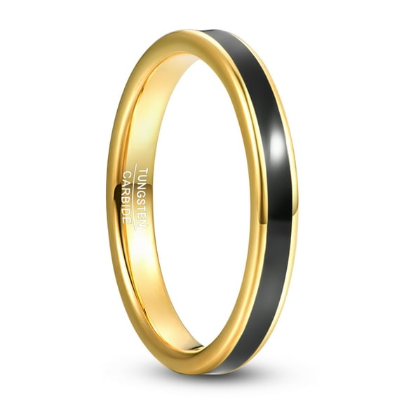 Gold Tungsten Black Enamel Inlay Polished Edge Comfort Fit Ring for Women