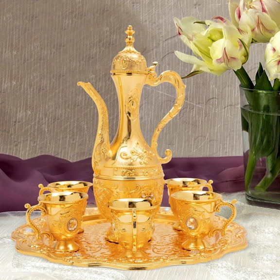 Gold Turkish Tea Set, Vintage Turkish Coffee Pot with Tray Teapot & 6 Metal Coffee Cups, Wine Pot Kit, Tea Service Set for for Art Crafts Wedding Gift Party Household Ornaments, Hip Flask