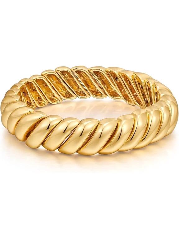 Gold Twisted Chunky Bangle Bracelet for Women Polished Stretch Ribbed Bracelet Stackable Jewelry
