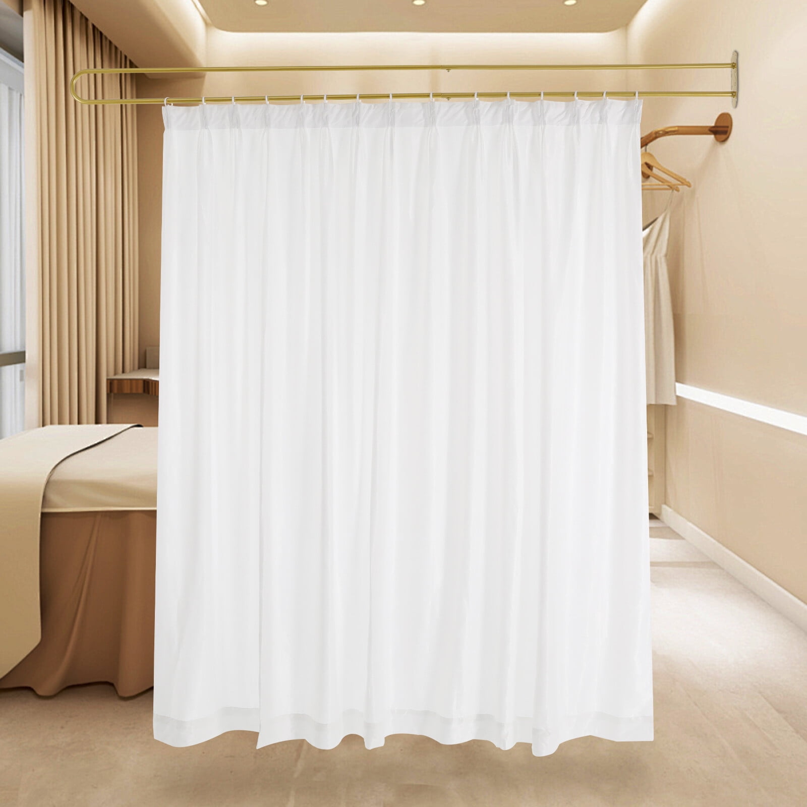 Gold U Shape Curtain Rod 7.5ft, Ceiling Mounted Privacy Partition with White Sheer Fabric, Heavy Duty Iron Curtain Track Room Divider for Bedroom Studio Office, Easy Installation