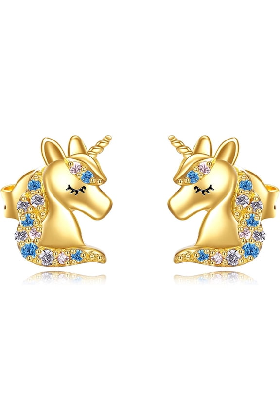 Gold Unicorn Earrings Women Yellow Gold Cute Animal Unicorn Stud Fine Gold Earrings Jewelry Christmas Gifts for Daughter Her Girlfriend Granddaughter Niece