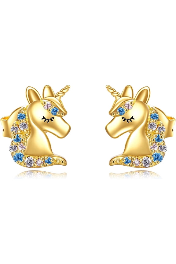 Gold Unicorn Earrings Women Yellow Gold Cute Animal Unicorn Stud Fine Gold Earrings Jewelry Christmas Gifts for Daughter Her Girlfriend Granddaughter Niece