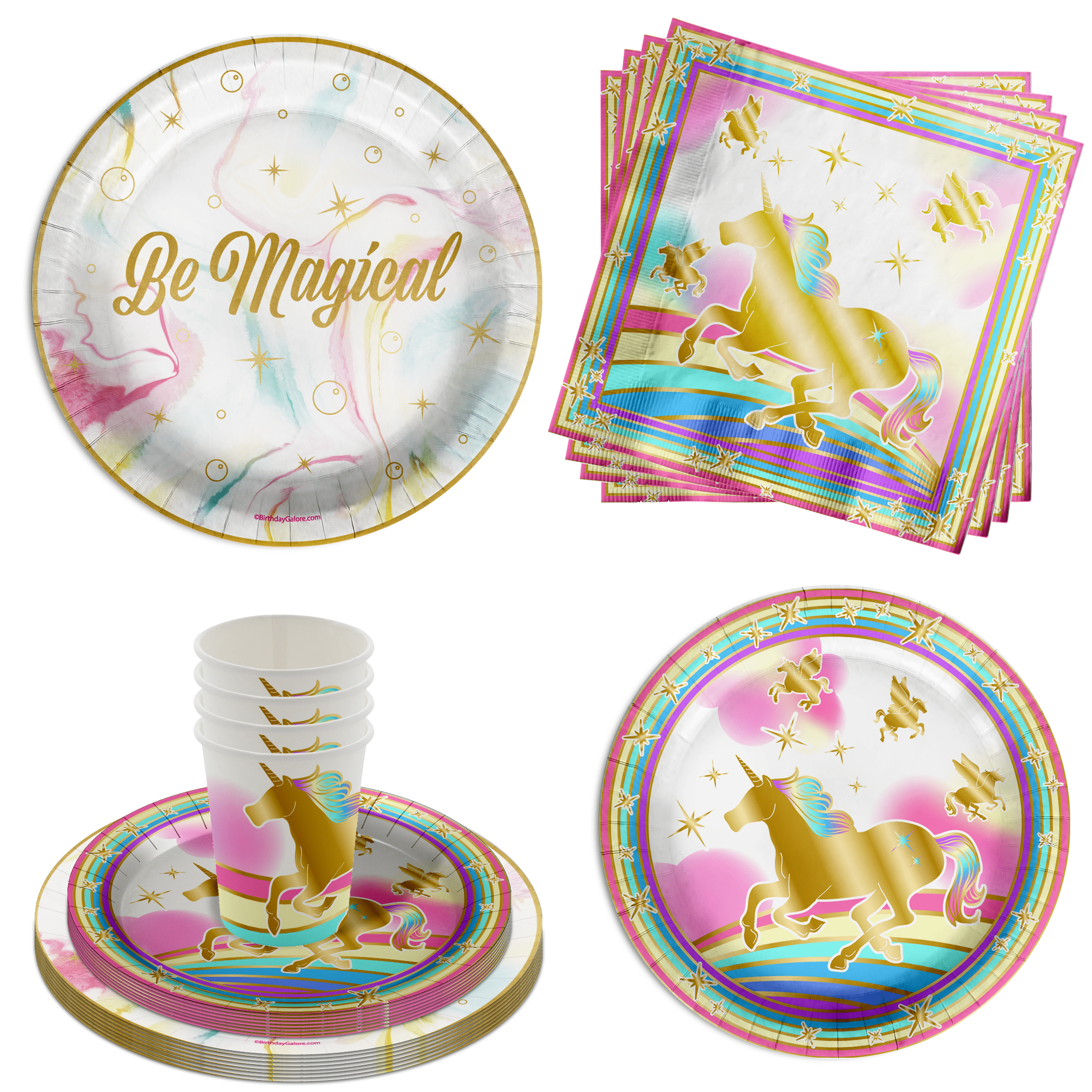 Gold Unicorn Girls Birthday Party Supplies - Rainbow and Unicorn Birthday Party Supplies 64 Piece Tableware Set Includes Large 9" Paper Plates Dessert Plates, Cups and Napkins Kit for 16