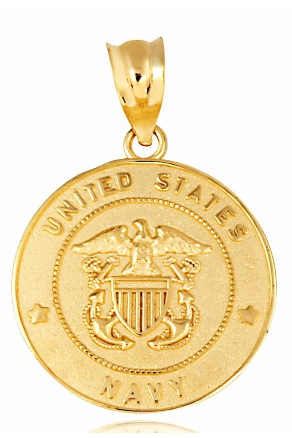 Gold United States Navy Officially Licensed Shield Eagle Anchor Emblem Medallion Pendant Necklace (10K Yellow Gold, Pendant Only)