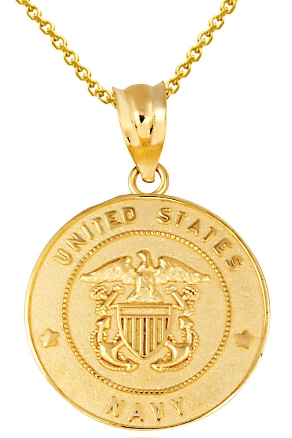 Gold United States Navy Officially Licensed Shield Eagle Anchor Emblem Medallion Pendant Necklace (14K Yellow Gold, Pendant with 22" chain)