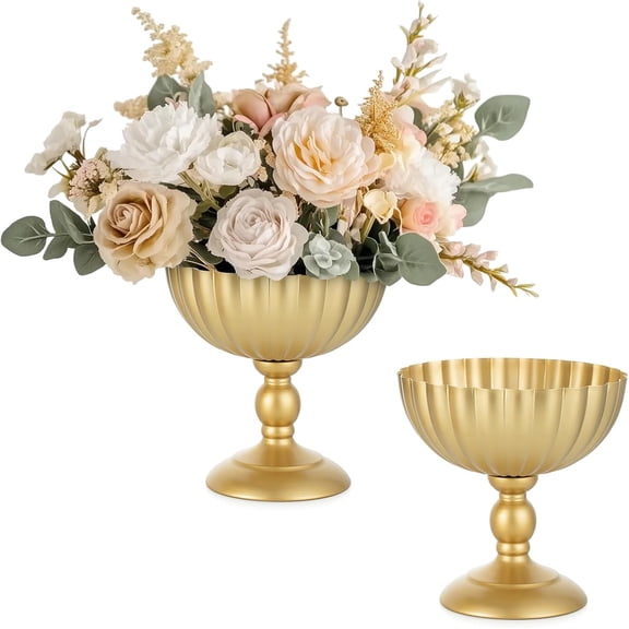 Gold Urn Vase for Wedding: 7.9in Tall Vases Centrepieces for Table Decorations - Set of 2 Metal Flower Urn Vases for Floral Arrangement - Compote Bowl Vase for Birthday Party Anniversary