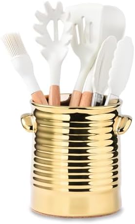 Gold Utensil Holder for Countertop, 6.4" Ceramic Utensil Holder for Kitchen Counter, Large Embossed Cooking Utensil Crocks for Kitchen Decor, Utensil Organizer with Cork Bottom for Housewarming Gifts