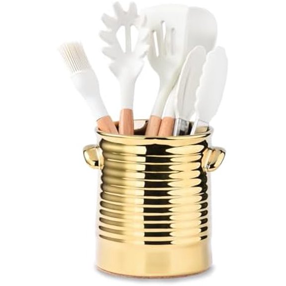 Gold Utensil Holder for Countertop, 6.4" Ceramic Utensil Holder for Kitchen Counter, Large Embossed Cooking Utensil Crocks for Kitchen Decor, Utensil Organizer with Cork Bottom for Housewarming Gifts