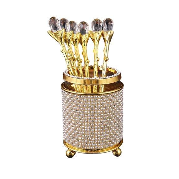 Gold Utensils Set with Crystal Tea Spoons and Gold Utensil Holder Gift for Hostess Bridal Shower Afternoon Tea Accessories Wedding Table Decor