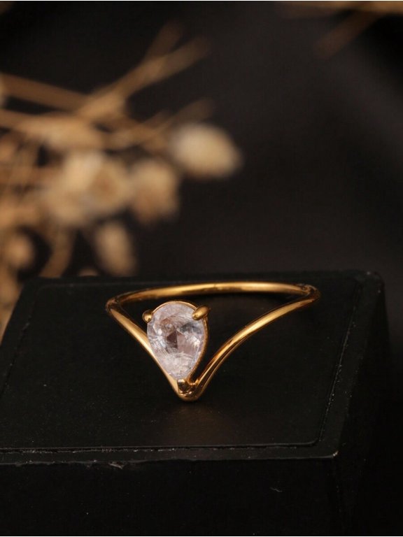 Gold V-Shape Cubic Zirconia Ring For Women, Elegant Single Stone Jewelry Gift