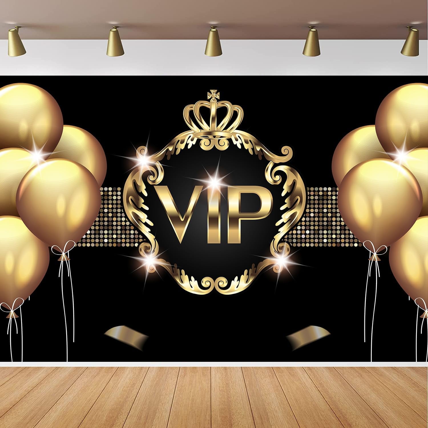 Gold VIP Party Backdrop Gold Crown Balloons Photo Background Black ...