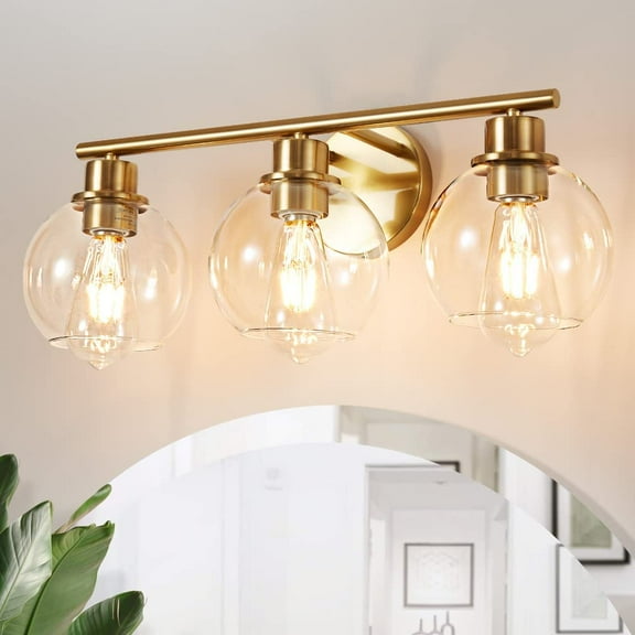 Gold Vanity Lights for Bathroom 3 Lights Industrial Wall Mounted Over Mirror Wall Lights with Glass Cover
