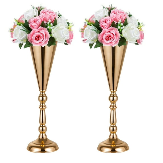 Gold Vase Centerpiece Table Decorations - 2 Pcs Metal Tabletop Flower Stand, Wedding Decorations for Reception, 16.5in Trumpet Tall Flower Vase for Birthday, Weddings, Anniversary Ceremony, Home Decor