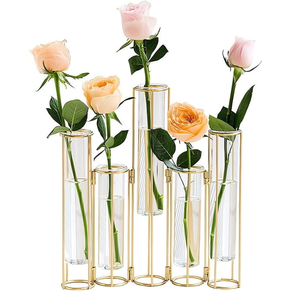 Gold Vases for Centerpieces, Test Tube Flower Vase with 5 Test Tubes, Gold Flower Vase with Metal Stand Racks Hydroponic, Glass Hinged Propagation Plant Vase for Wedding Table Home Decor