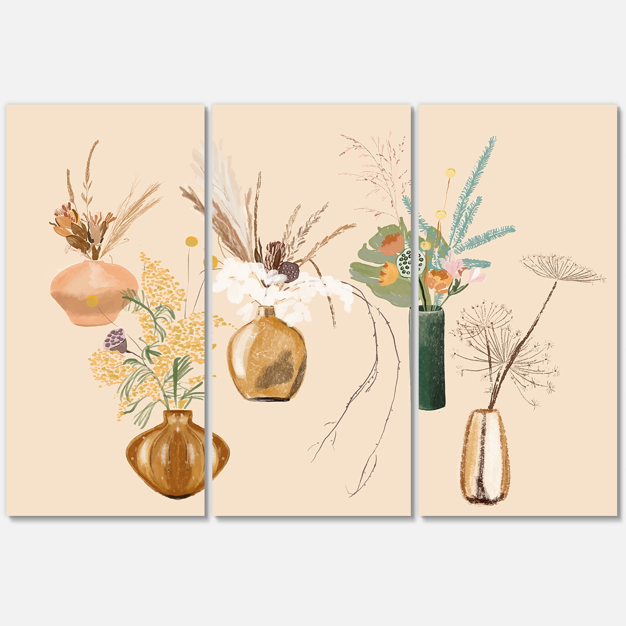 Gold Vases With Bouquets Of Wildflowers III 28 in x 36 in Painting Canvas Art Print, by Designart