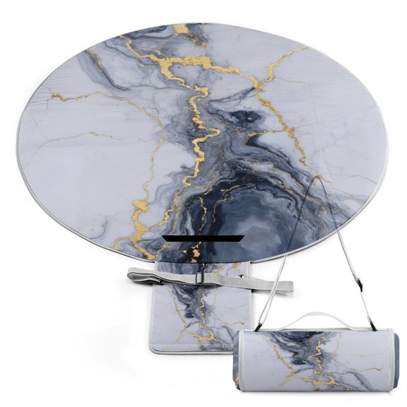 Gold Vein Marble Texture 58" Round Waterproof Picnic Blanket - Foldable Outdoor Mat Extra Large, Durable for Grass, Beach Or Park