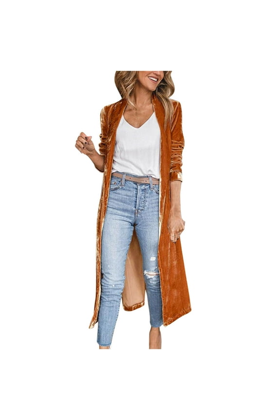 Gold Velvet Coat Women Open Front Long Sleeve Cardigan Solid Color Casual Long Jacket Fashion Cardigan with Pockets