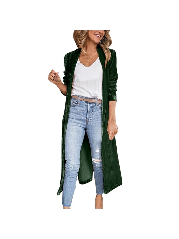 Gold Velvet Coat Women Open Front Long Sleeve Cardigan Solid Color Casual Long Jacket Fashion Cardigan with Pockets