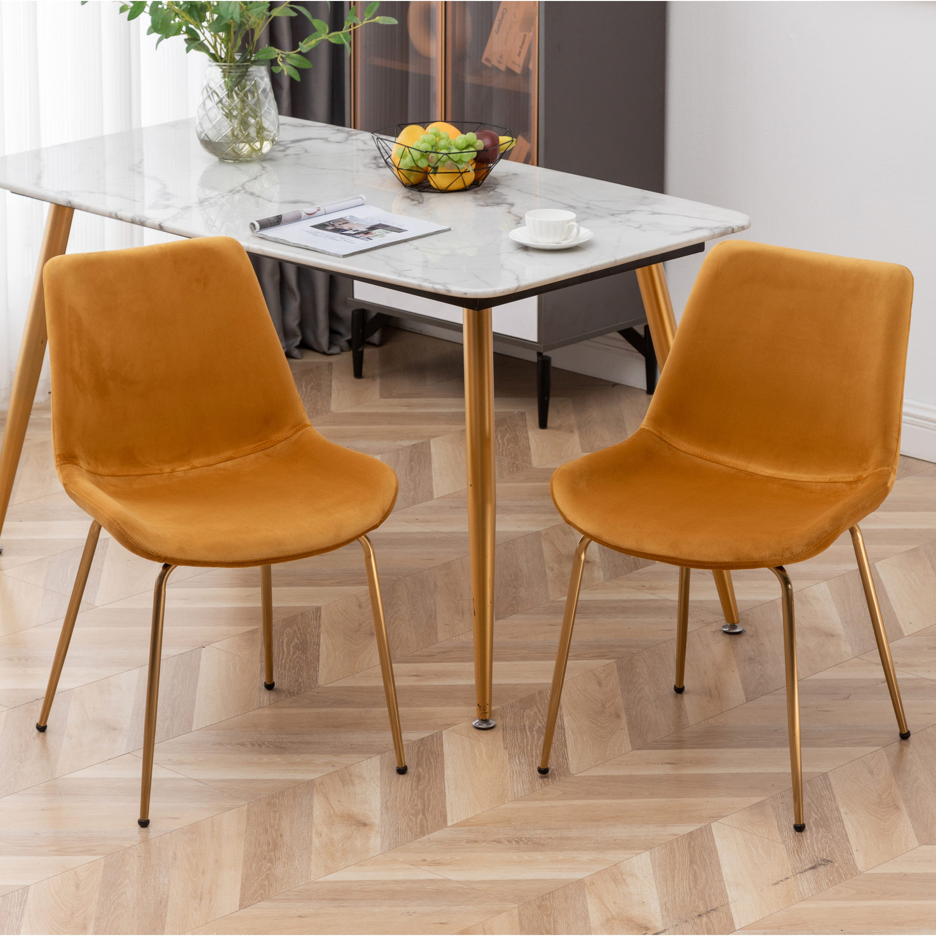 Gold Velvet Dining Chair Set of 2 with Streamlined Golden Legs for ...