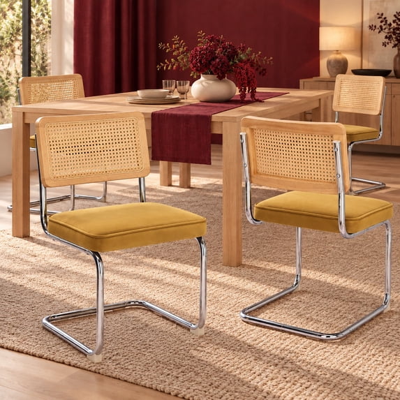 Gold Velvet Modern Rattan Dining Chairs Set of 4, Cane Back, Dinning Chairs, Sillas de Comedor, Upholstered Mid Century Modern Dining Room Chair, Chrome Metal Kitchen Chair