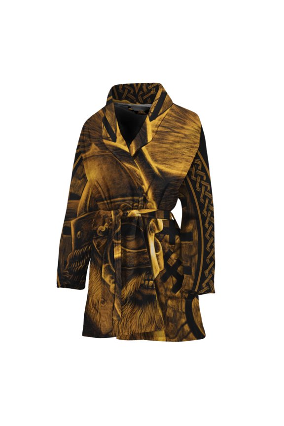 Gold Viking God Odin And Crow Print Women Bathrobe