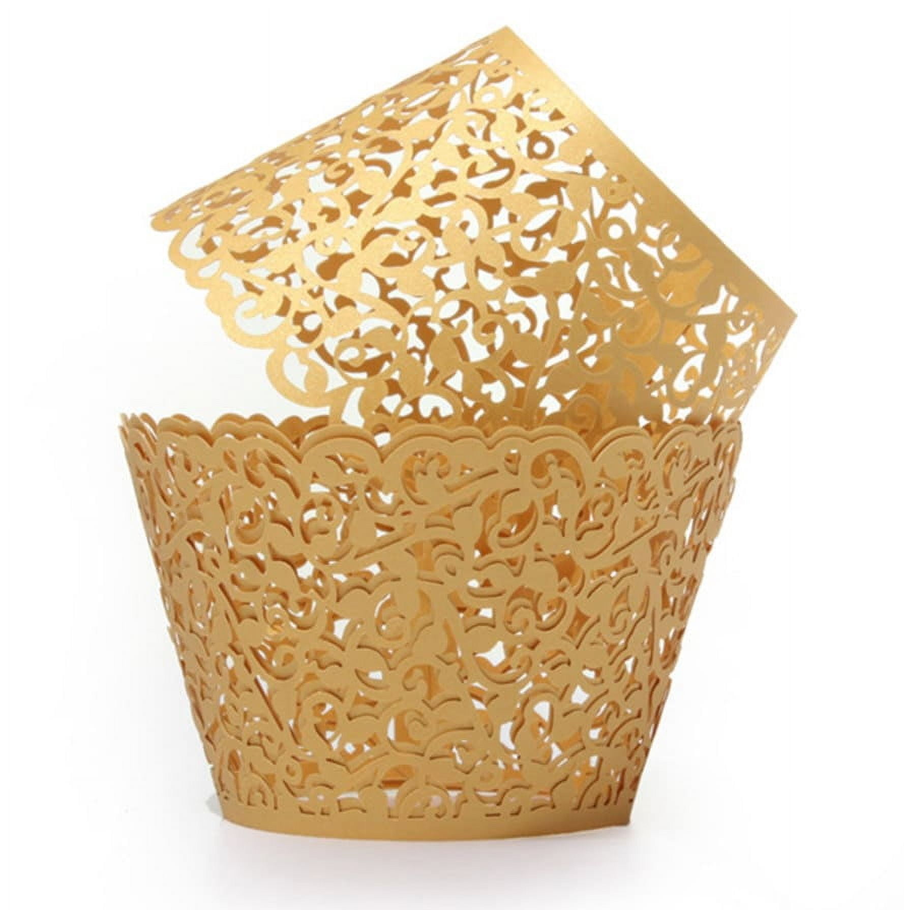 Gold Vine Lace Cupcake Wrappers (25pcs, Standard Size) Grease Resistant Cake Liners for Baking, Caking and Crafting by Bakell