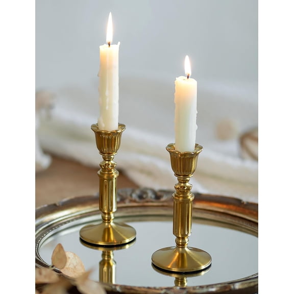 Gold Vintage Candle Holders Set of 2 Solid Metal Taper Candlesticks 5.5 Inch