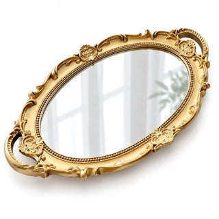 Gold Vintage Ornate Mirror Tray, Nordic Light Luxury Decorative Plastic Serving Platter for Dessert Cake, Antique Style Vanity Jewelry Display Centerpiece for Home Decor