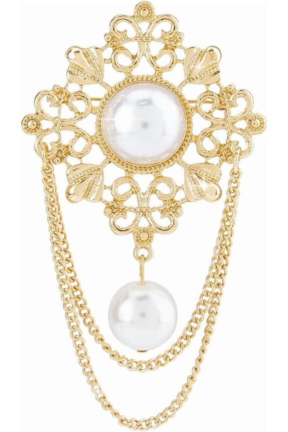 Gold Vintage Pearl Brooch Flower Tassel Brooch Elegant Brooches Floral Lapel Pins Women Fashion Brooches for Wedding Christmas Birthday Jewelry Gift 8.2x4.7cm/3.2x1.9"
