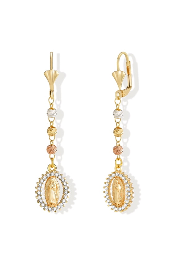 Gold Virgin Mary Dangle Earring for Women, 14k Gold Plated Hypoallergenic Cubic Zirconia Long Drop Earrings, Virgen De Guadalupe Catholic Religious Jewelry Gifts