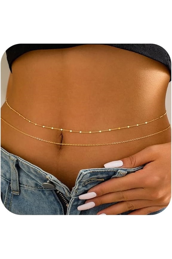 Gold Waist Chain for Women, 14K Gold Plated Silver Layered Belly Belt Chains Sexy Bikini Beach Waist Beads Chain Waterproof Snake Pearl Cuban Body Chain Summer Jewelry Accessories for Women