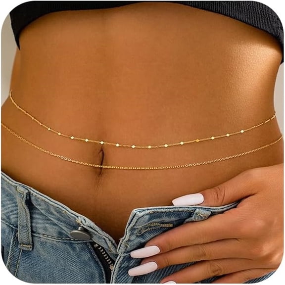 Gold Waist Chain for Women, 14K Gold Plated Silver Layered Belly Belt Chains Sexy Bikini Beach Waist Beads Chain Waterproof Snake Pearl Cuban Body Chain Summer Jewelry Accessories for Women