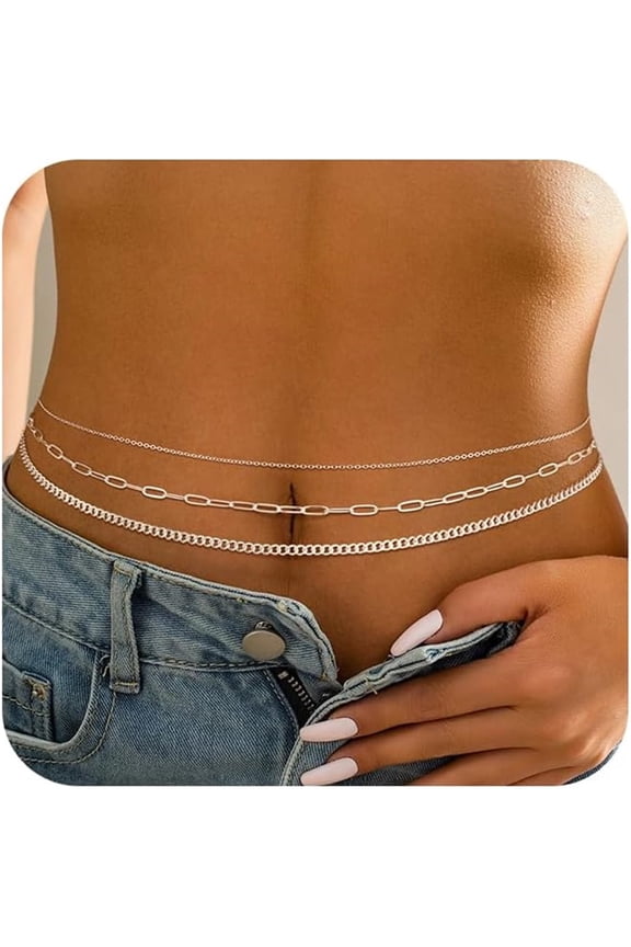 Gold Waist Chain for Women, 14K Gold Plated Silver Layered Belly Belt Chains Sexy Bikini Beach Waist Beads Chain Waterproof Snake Pearl Cuban Body Chain Summer Jewelry Accessories for Women