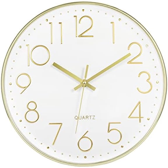 Gold Wall Clock 12 Inch Silent Non-Ticking Battery Operated Round Modern Wall Clock for Living Room Bedroom Kitchen Home Office Decor